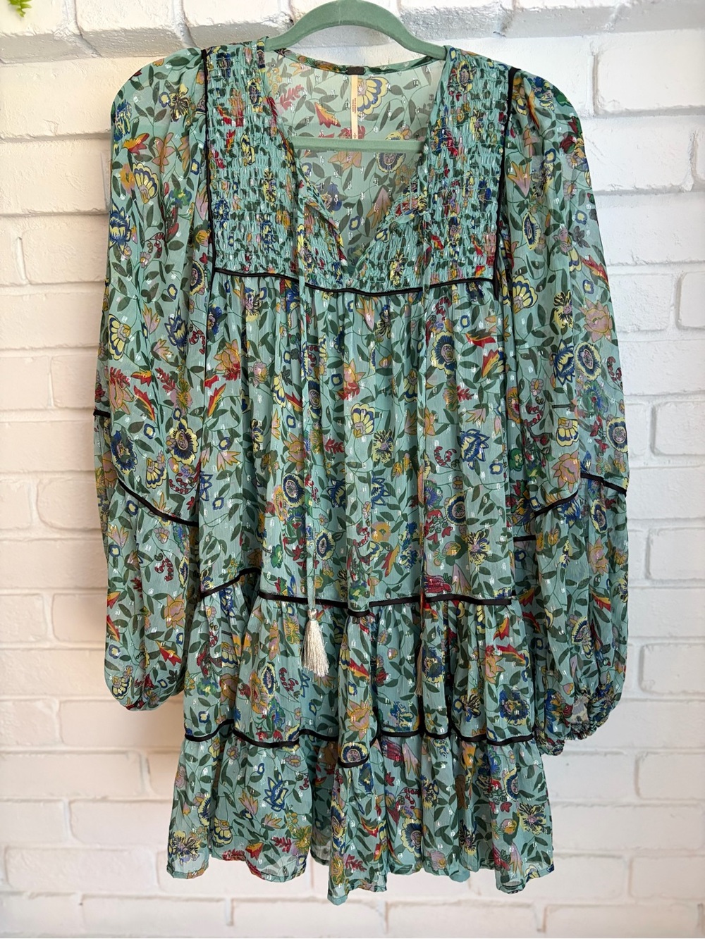 Free People Sage Floral Metallic Accent Blouse